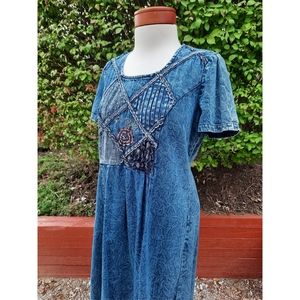 Vintage 90's Denim Midi Dress Embroidered Embellished Steampunk Boho Costume